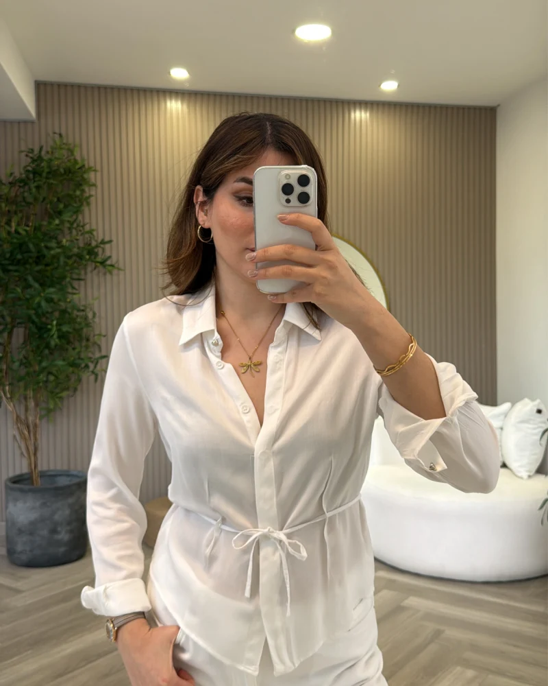 Bağcıklı Dökümlü Gömlek - Ekru - Kod: 124