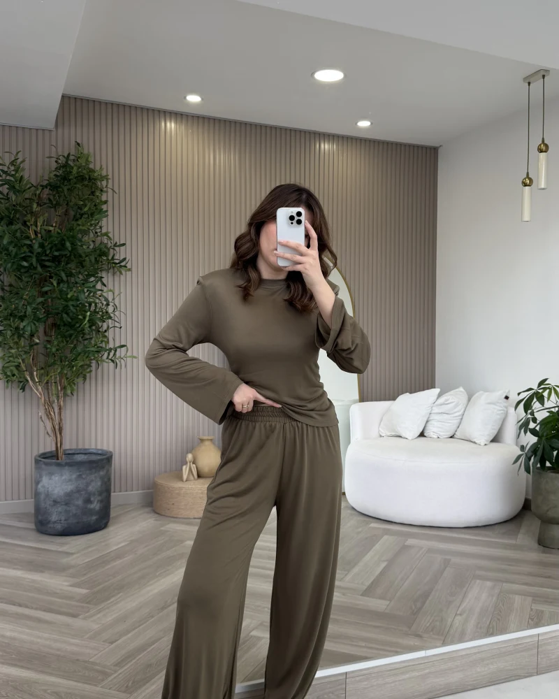 Beli Bağcıklı Uzun Kollu Bluz Eşofman Takım - Haki