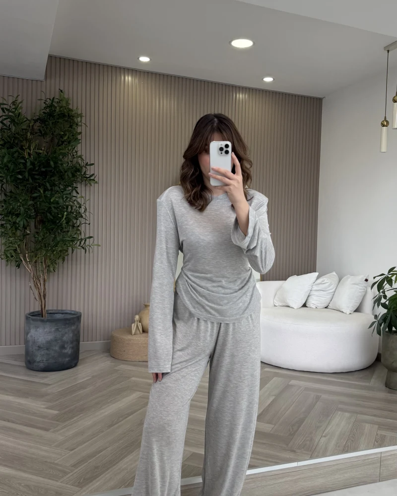 Beli Bağcıklı Uzun Kollu Bluz Eşofman Takım - Gri