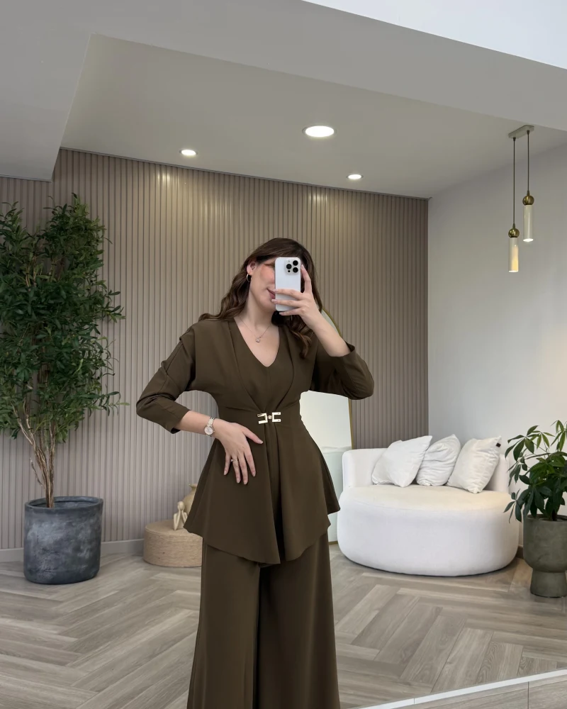 Beli Toka Detaylı Bluz Pantolon Takım - Haki - Kod: 9399