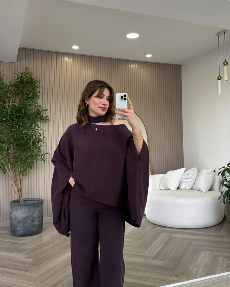 Monti Fular Detay Pelerin Takım - Mürdüm - Kod: 9042