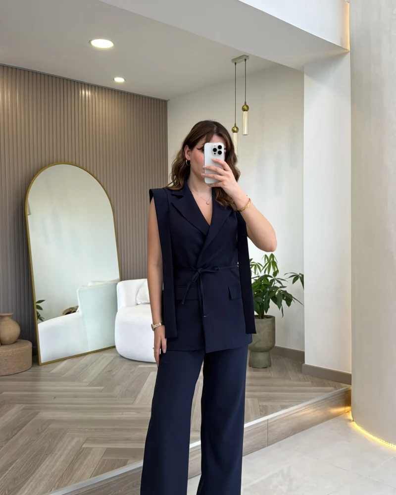 Napolı Omuz Detay Bağcıklı Yelek Takım - Lacivert - Kod: 8005