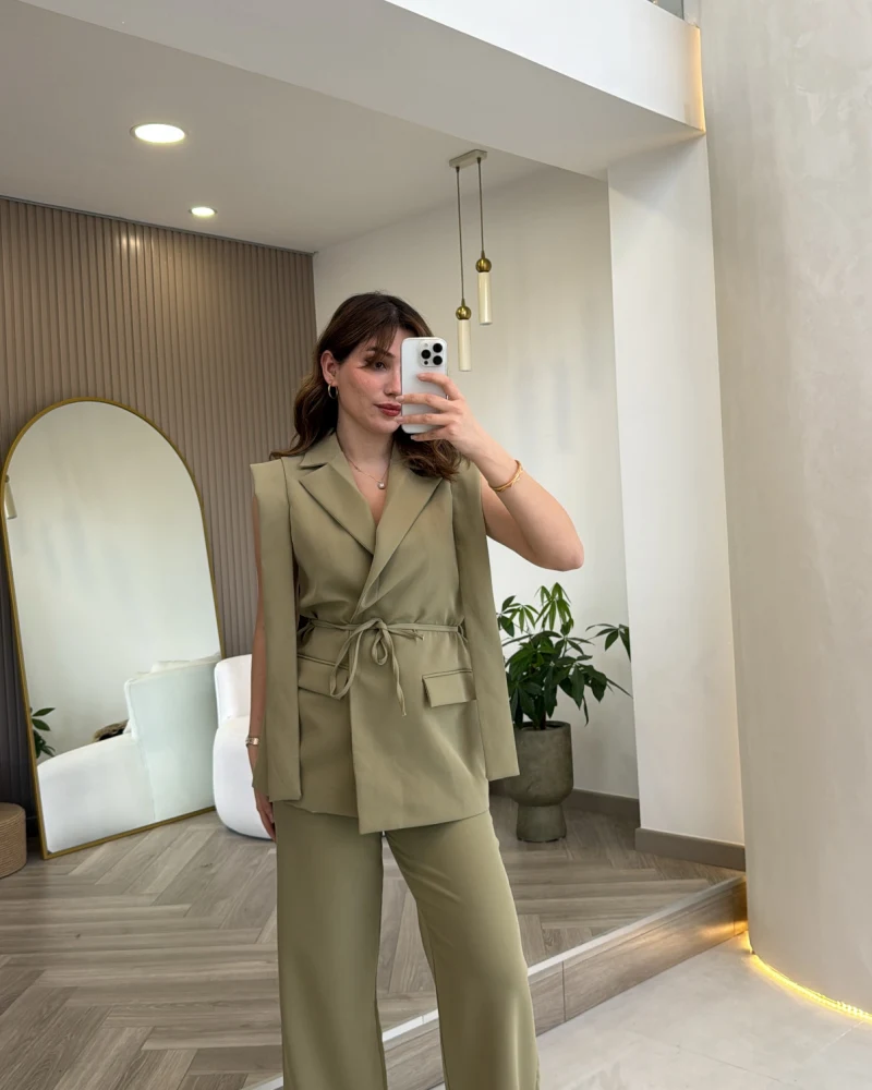 Napolı Omuz Detay Bağcıklı Yelek Takım - Mint - Kod: 8005