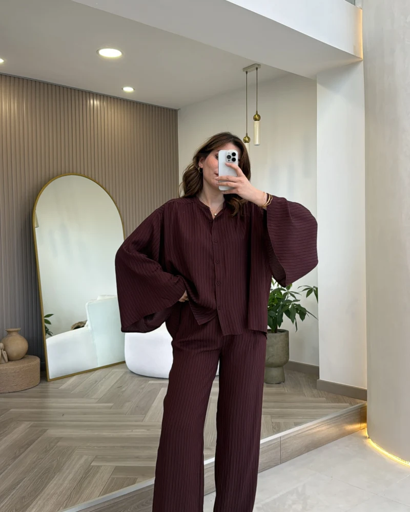 El Escorial Oversize Çizgili Takım - Bordo - Kod: 9069