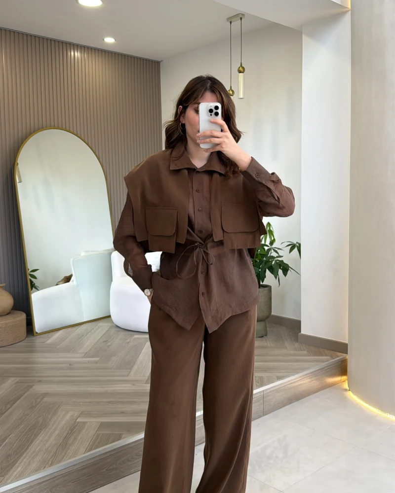 Vatkalı Garnili Bağcıklı Takım - Kahverengi - Kod: 51309