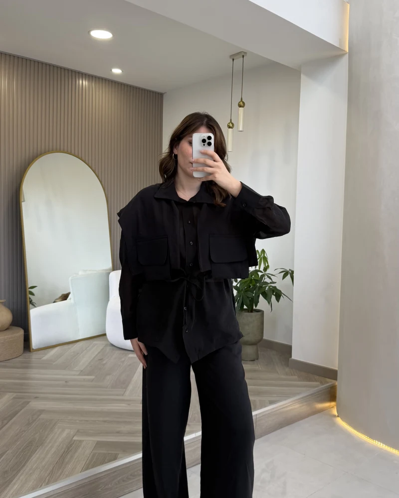 Vatkalı Garnili Bağcıklı Takım - Siyah - Kod: 51309