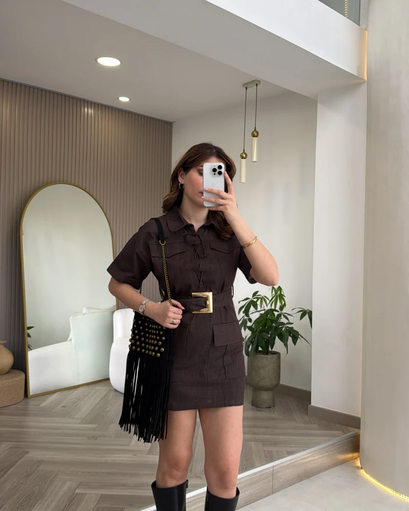 Gold Kemerli Safari Denim Elbise - Kahverengi - Kod: 260806