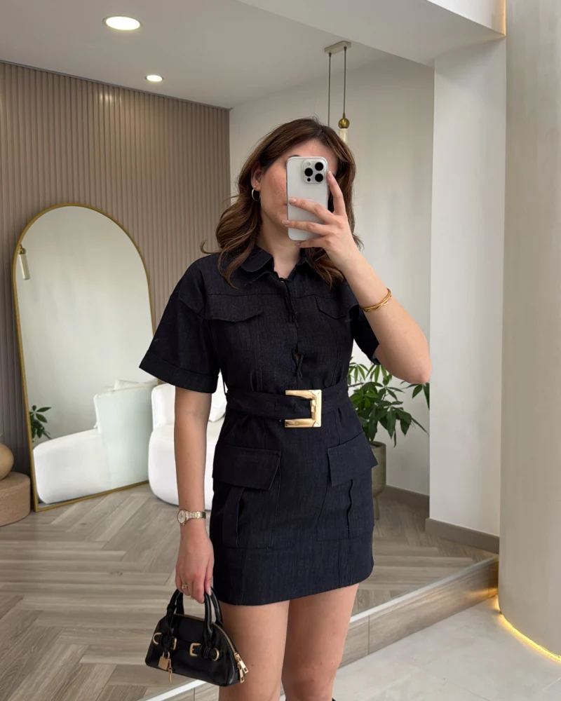 Gold Kemerli Safari Denim Elbise - Lacivert - Kod: 260806