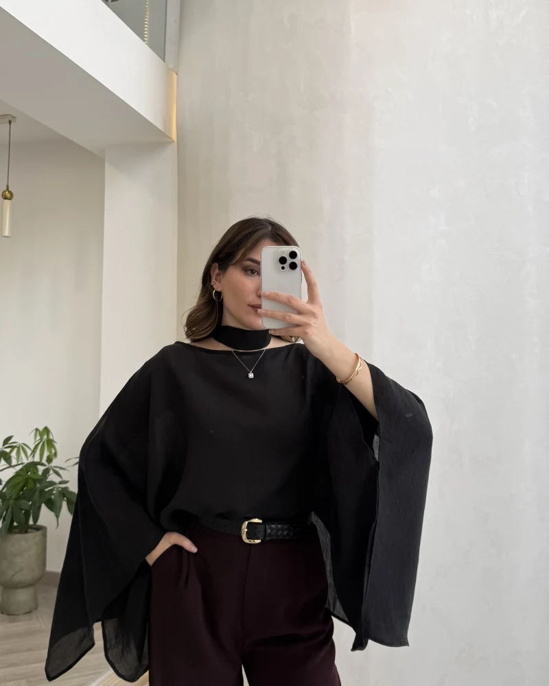 Yarasa Kol Kuşaklı Tül Bluz - Siyah - Kod: 1670