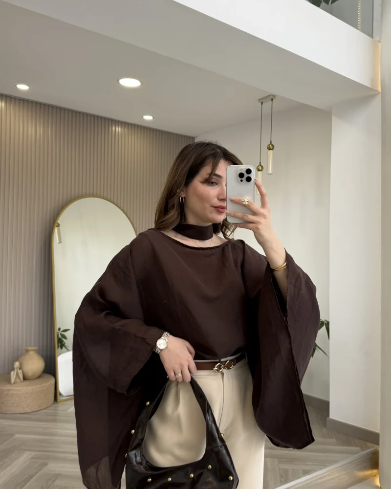 Yarasa Kol Kuşaklı Tül Bluz - Kahverengi - Kod: 1670