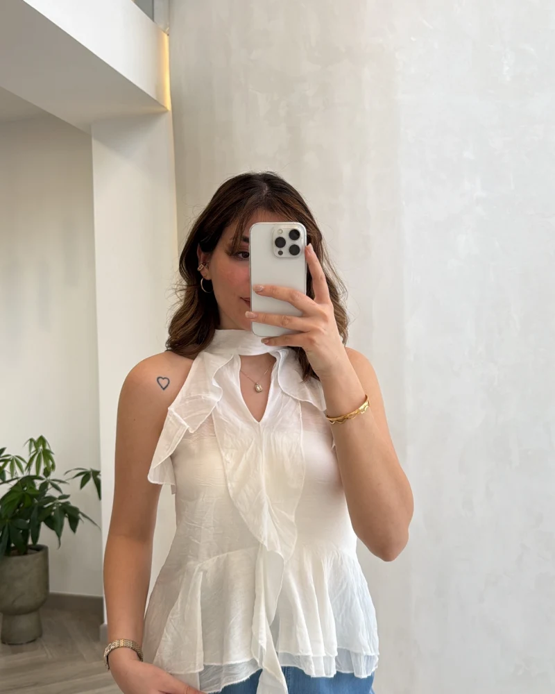 Halter Yaka Volanlı Transparan Bluz - Ekru - Kod: 5390