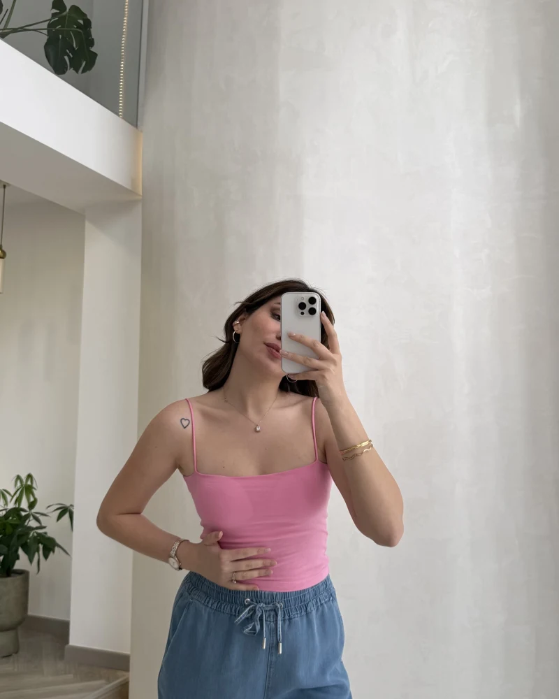 Tek Askılı Pedli Crop Body - Pembe - Kod: 00159