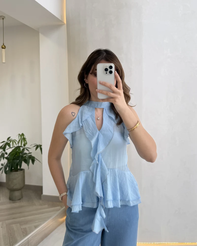 Halter Yaka Volanlı Transparan Bluz - Mavi - Kod: 5390