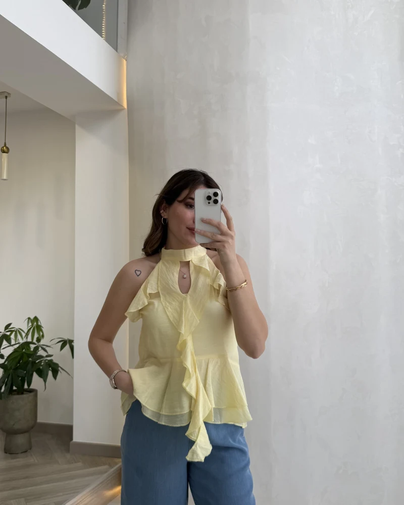 Halter Yaka Volanlı Transparan Bluz - Sarı - Kod: 5390