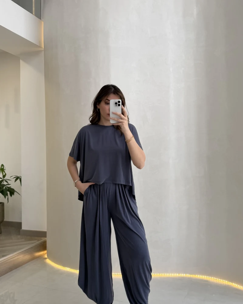 Pamuk Kumaş T-shirt Pantolon Takım - Lacivert - Kod: 51149