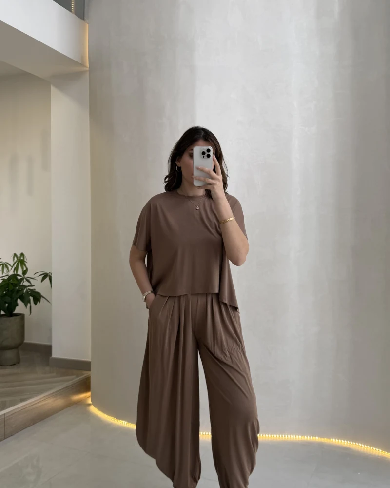 Pamuk Kumaş T-shirt Pantolon Takım - Kahve - Kod: 51149