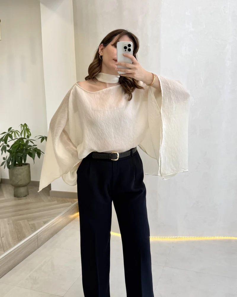 Kumaş Palazzo Pantolon - Lacivert - Kod: 3879