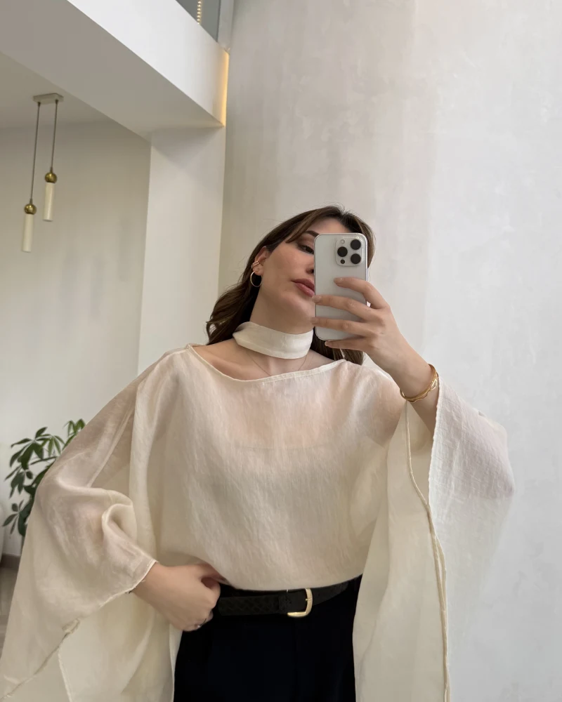 Yarasa Kol Kuşaklı Tül Bluz - Krem - Kod: 1670