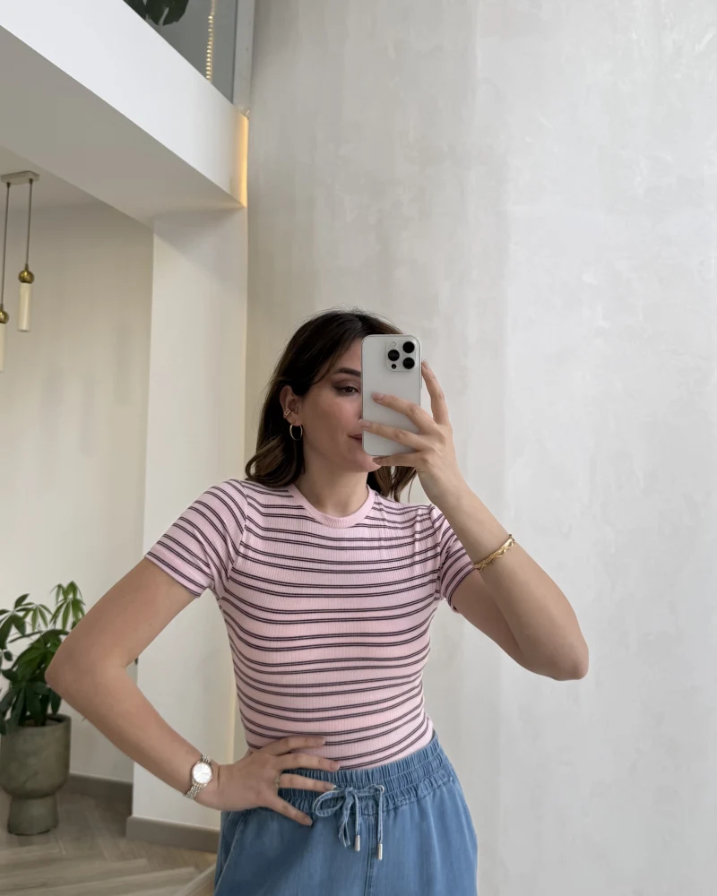 Bordo Çizgili Pembe Kısa Kol T-shirt - Kod: 6962
