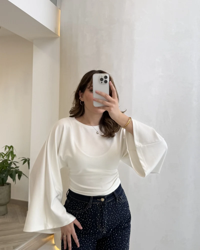 Bol Kol Beli Büzgü Detay Crop Bluz - Ekru - Kod: 1093