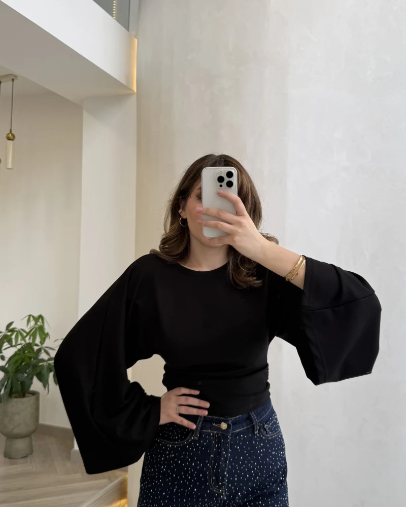 Bol Kol Beli Büzgü Detay Crop Bluz - Siyah - Kod: 1093