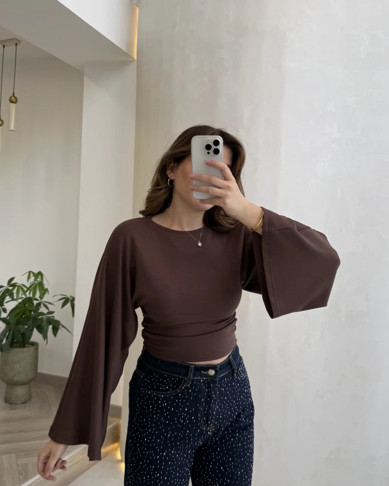 Bol Kol Beli Büzgü Detay Crop Bluz - Kahverengi - Kod: 1093