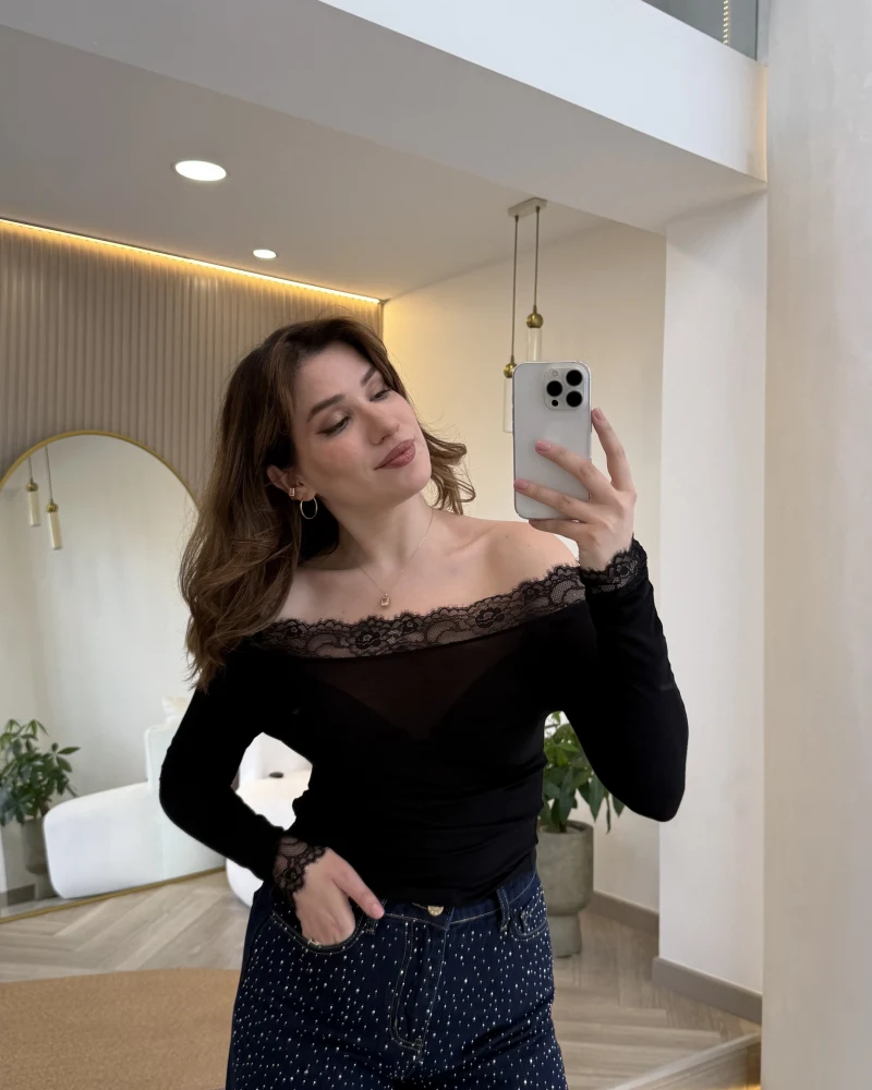 Dantelli Madonna Yaka Body - Siyah - Kod: 5065