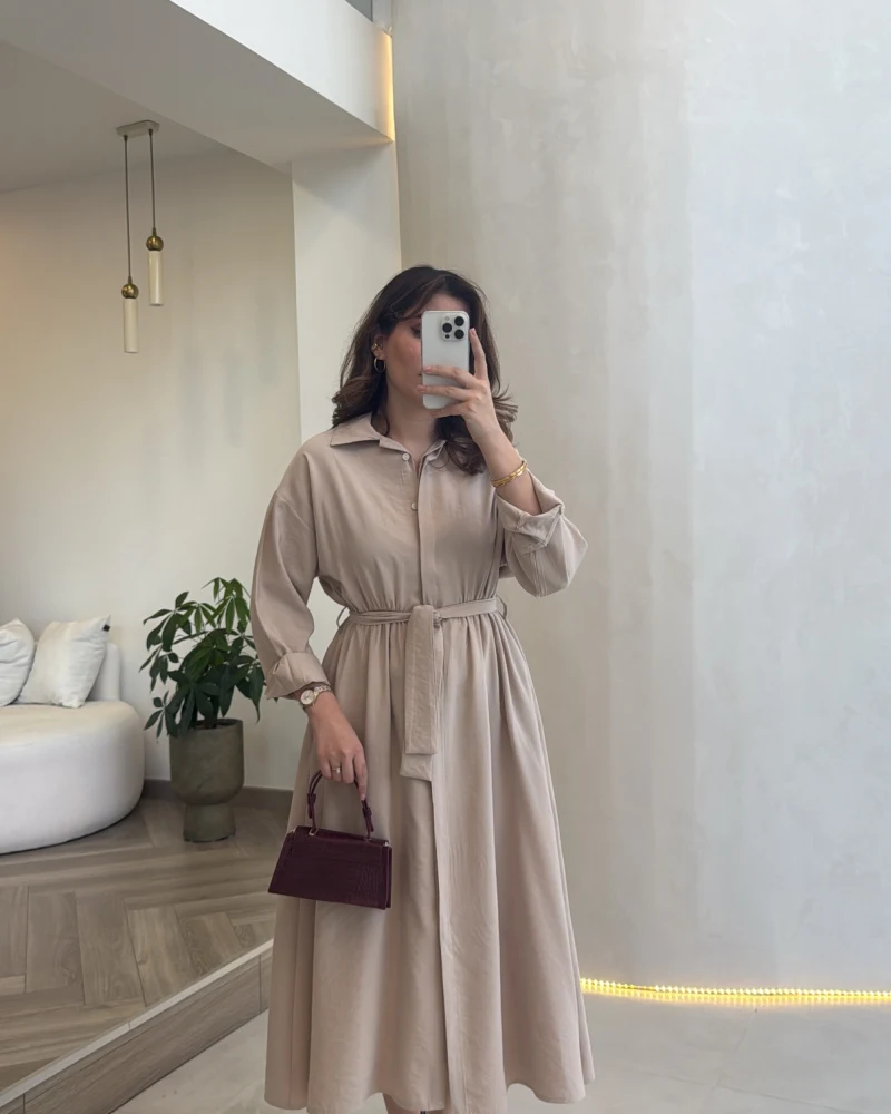 Colosseum Kuşaklı Beli Lastik Detay Düğmeli Elbise - Taş - Kod: 3079