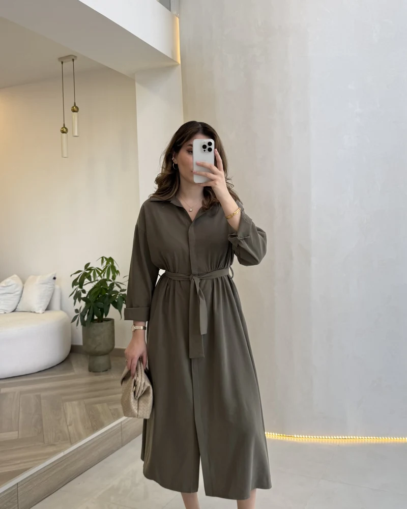 Colosseum Kuşaklı Beli Lastik Detay Düğmeli Elbise - Haki - Kod: 3079