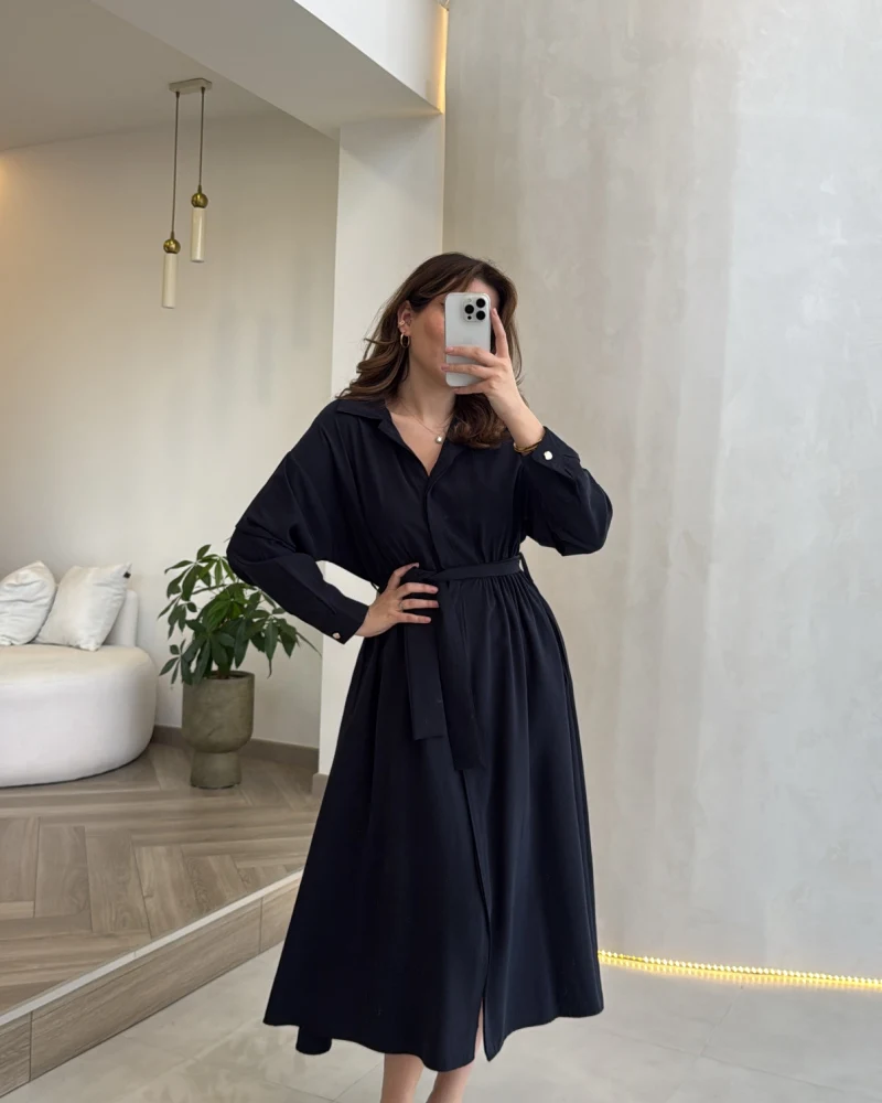 Colosseum Kuşaklı Beli Lastik Detay Düğmeli Elbise - Lacivert - Kod: 3079