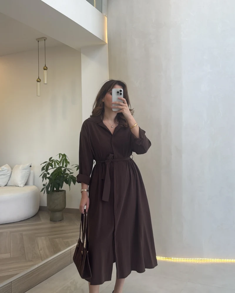 Colosseum Kuşaklı Beli Lastik Detay Düğmeli Elbise - Kahverengi - Kod: 3079