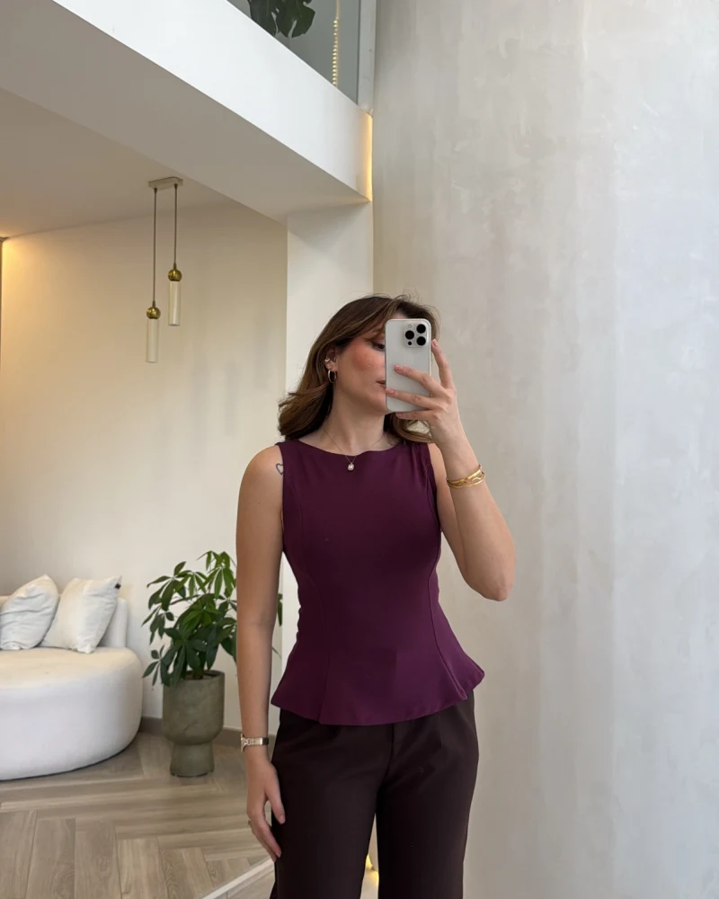 Dilvin Bele Oturan Sıfır Kol Volanlı Body - Mor - Kod: 21001