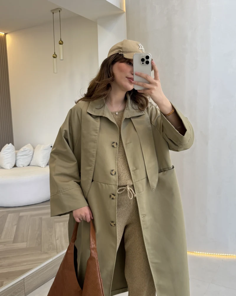 Fularlı Yırtmaç Detay Trençkot - Haki - Kod: 600