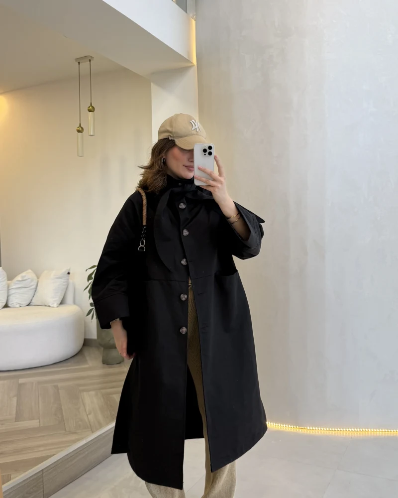 Fularlı Yırtmaç Detay Trençkot - Siyah - Kod: 600