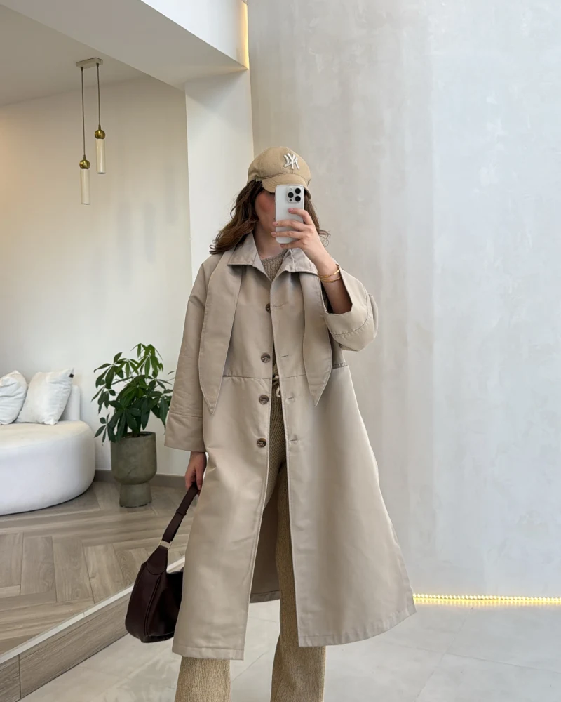 Fularlı Yırtmaç Detay Trençkot - Taş - Kod: 600