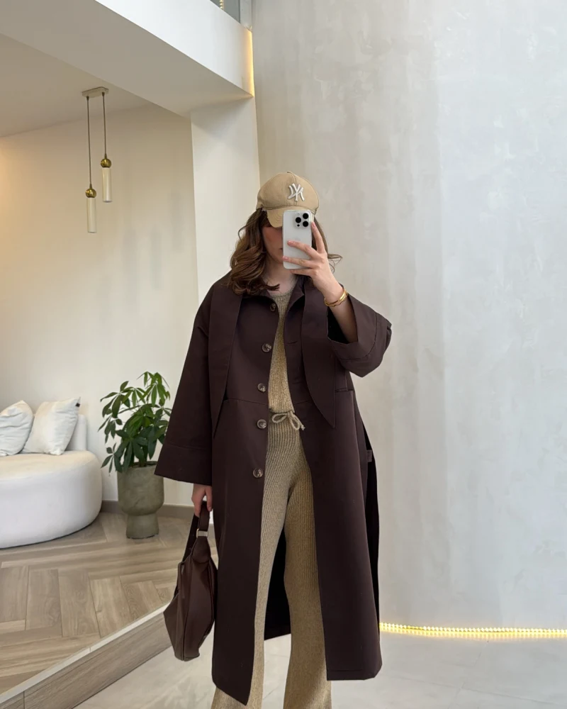 Fularlı Yırtmaç Detay Trençkot - Kahve - Kod: 600