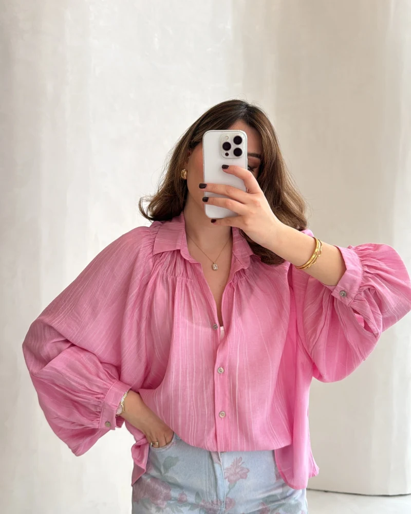 Sweden Yakası Gipeli Balon Kol V Yaka Çizgili Gömlek - Pembe - Kod: 580768