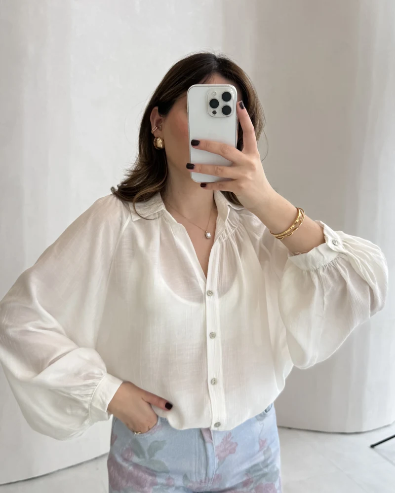 Sweden Yakası Gipeli Balon Kol V Yaka Çizgili Gömlek - Beyaz - Kod: 580768