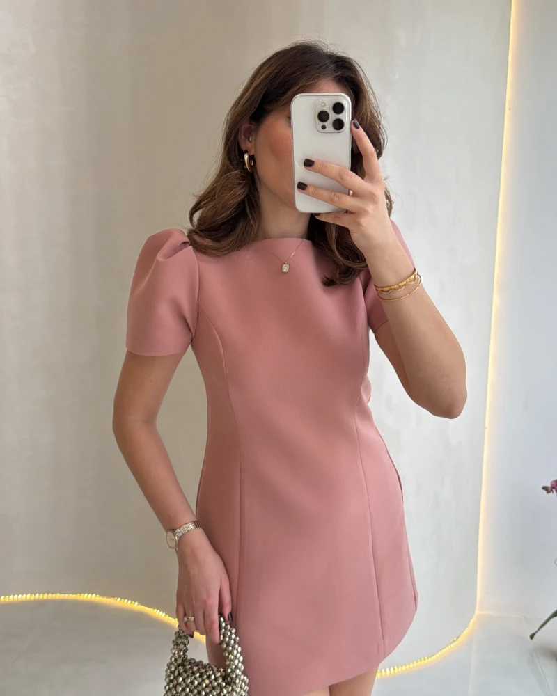 Amore Balon Kol Mini Elbise - Pudra - Kod: 041