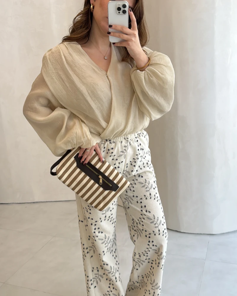 Ow Yüksek Bel Keten Nakışlı Pantolon - Bej - Kod: 251710