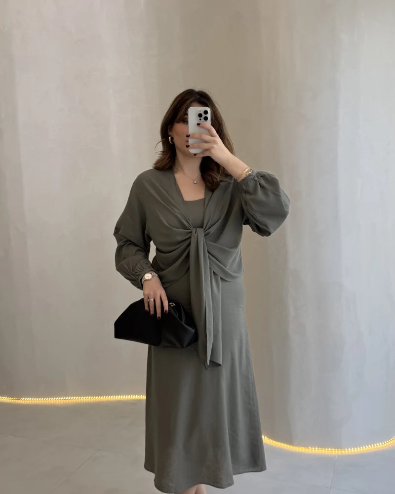 Bolerolu Midi Boy Elbise - Haki - Kod: 3367
