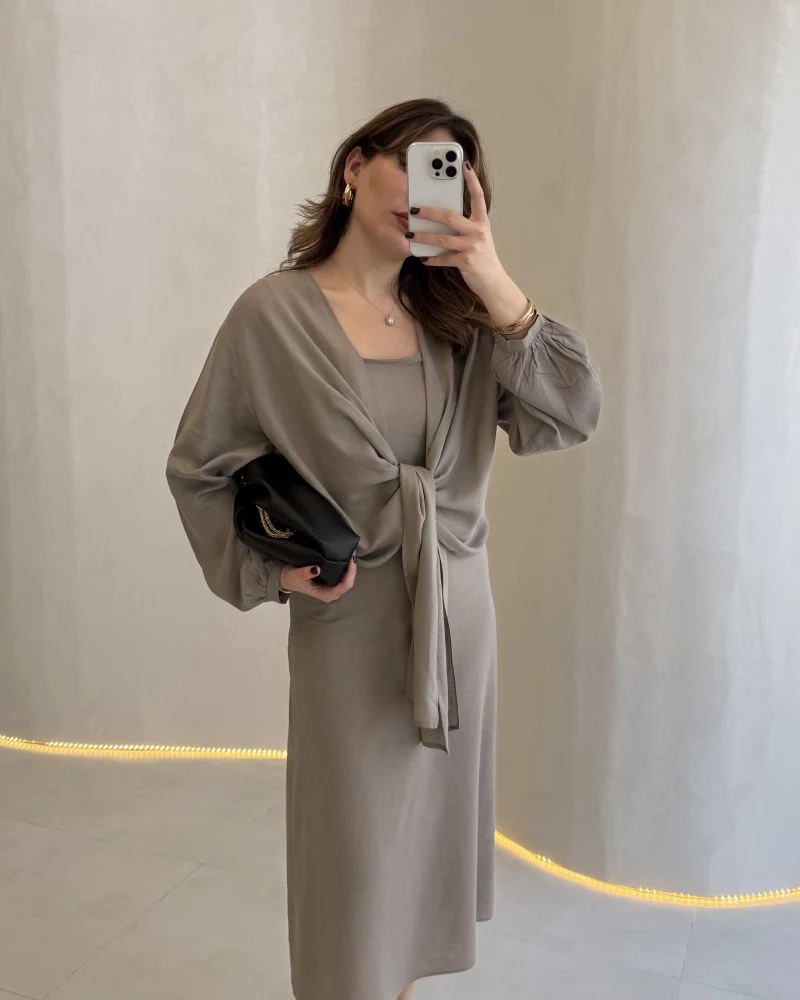 Bolerolu Midi Boy Elbise - Vizon - Kod: 3367