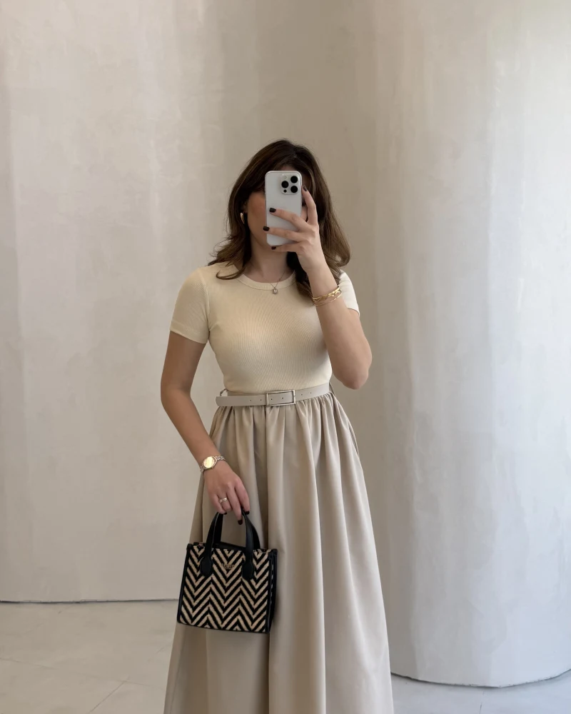 Kısa Kol Beli Lastikli Kemerli Elbise - Taş - Kod: 4113