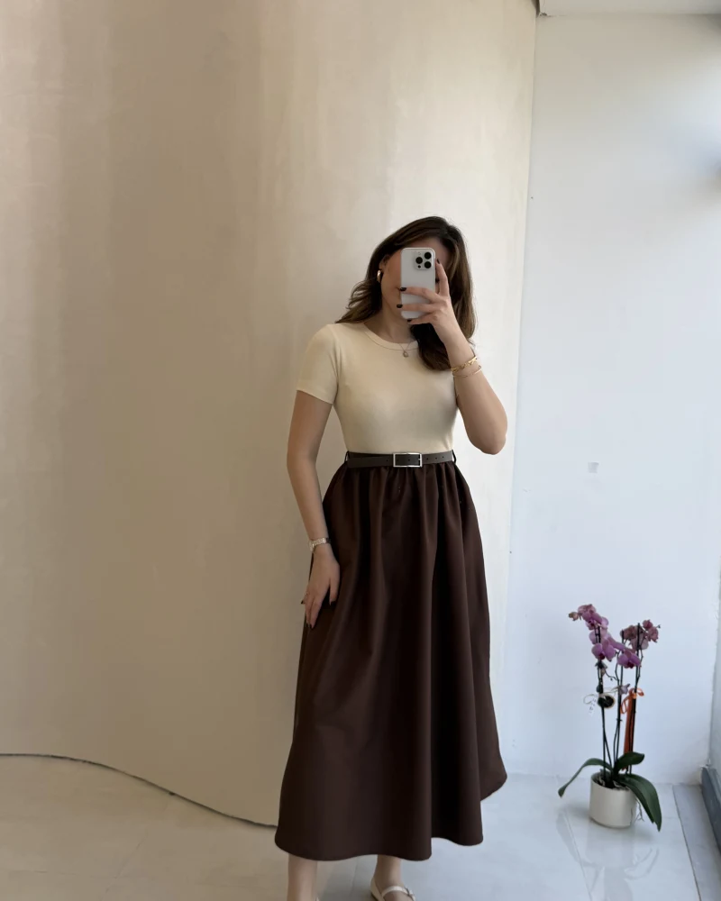 Kısa Kol Beli Lastikli Kemerli Elbise - Kahverengi - Kod: 4113