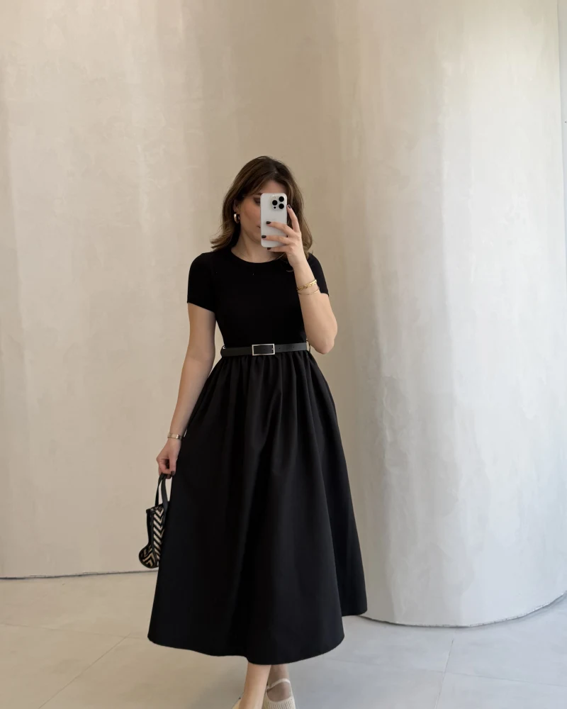 Kısa Kol Beli Lastikli Kemerli Elbise - Siyah - Kod: 4113