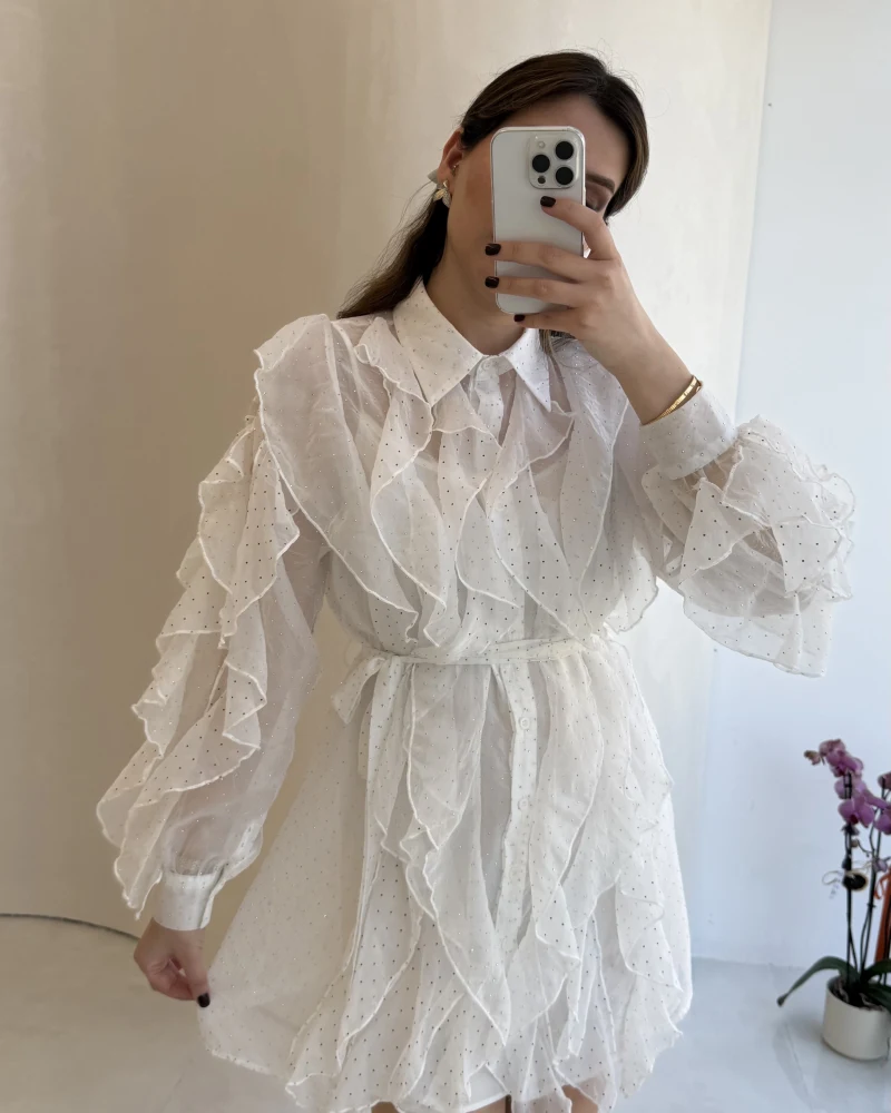 Taşlı Fırfır Detay Kuşaklı Elbise - Beyaz - Kod: 39369