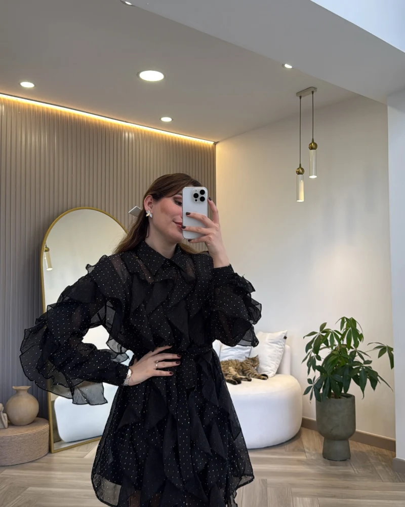 Taşlı Fırfır Detay Kuşaklı Elbise - Siyah - Kod: 39369