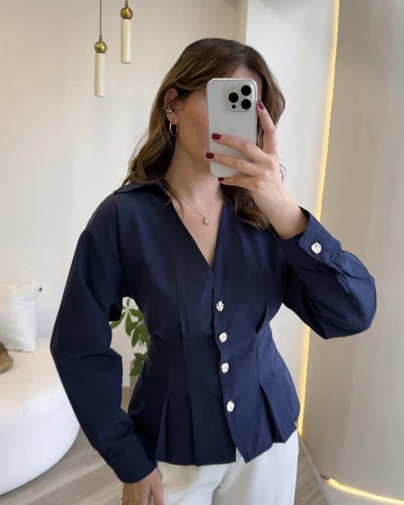 Missy Beli Pile Detay V Yaka Gömlek - Lacivert - Kod: 2222