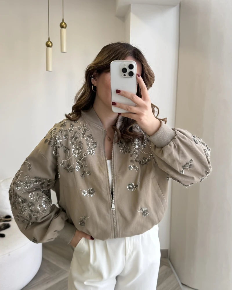 ÖN SİPARİŞ - Premium Taş Pul Detaylı Pamuklu Ceket - Vizon - Kod: 99927