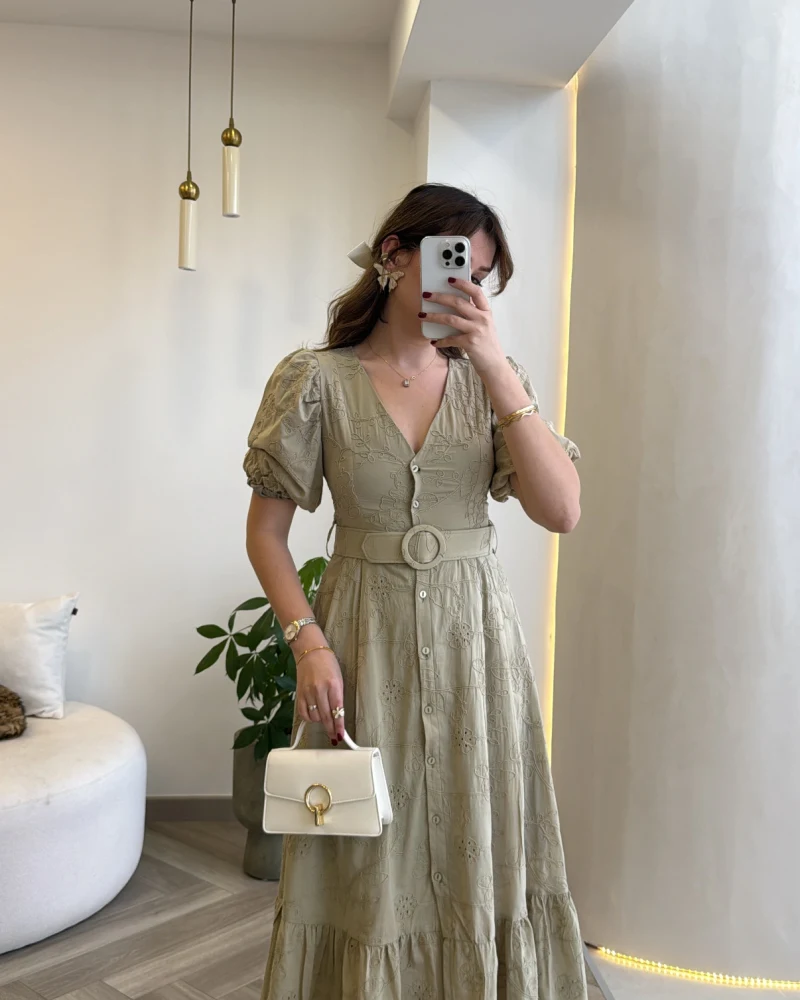 V Yaka Balon Kol Çiçek Nakışlı Kemerli Pamuk Elbise - Olive - Kod: 3076